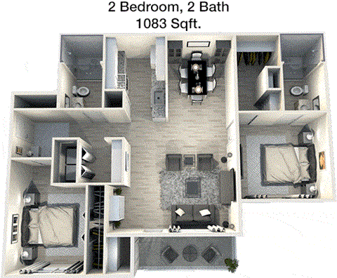 A 3D floor plan of a 2 bedroom, 2 bath apartment with a total area of 1083 square feet.